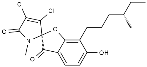 Spiro[benzofuran-2(3H),2'-[2H]pyrrole]-3,5'(1'H)-dione, 3',4'-dichloro-6-hydroxy-1'-methyl-7-[(4S)-4-methylhexyl]-, (2R)- Structure
