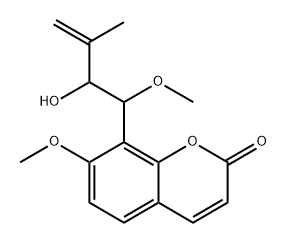 2H-1-Benzopyran-2-one, 8-(2-hydroxy-1-methoxy-3-methyl-3-buten-1-yl)-7-methoxy-, stereoisomer 구조식 이미지