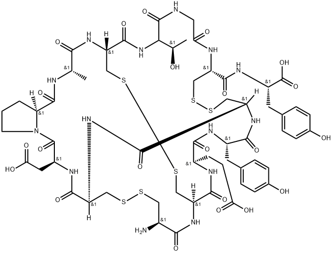 L-Tyrosine, L-cysteinyl-L-cysteinyl-L-α-glutamyl-L-tyrosyl-L-cysteinyl-L-cysteinyl-L-α-aspartyl-L-prolyl-L-alanyl-L-cysteinyl-L-threonylglycyl-L-cysteinyl-, cyclic (1→6),(2→10),(5→13)-tris(disulfide) Structure