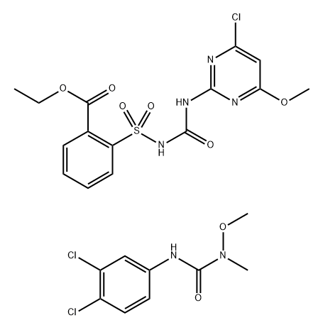 Benzoic acid, 2-[[[[(4-chloro-6-methoxy-2-pyrimidinyl)amino]carbonyl]amino]sulfonyl]-, ethyl ester, mixt. with N'-(3,4-dichlorophenyl)-N-methoxy-N-methylurea 구조식 이미지