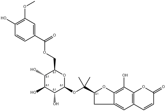 7H-Furo[3,2-g][1]benzopyran-7-one, 2,3-dihydro-9-hydroxy-2-[1-[[6-O-(4-hydroxy-3-methoxybenzoyl)-β-D-glucopyranosyl]oxy]-1-methylethyl]-, (2S)- Structure