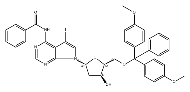 N-(7-((2R,4S,5R)-5-((bis(4-methoxyphenyl)(phenyl)methoxy)methyl)-4-hydroxytetrahydrofuran-2-yl)-5-iodo-7H-pyrrolo[2,3-d]pyrimidin-4-yl)benzamide Structure