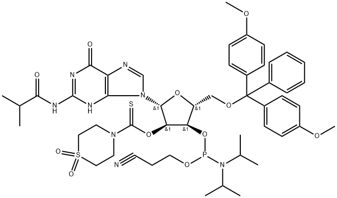 N2-Isobutyryl-O5′-(4,4′-dimethoxytrityl)-O2′-(1,1-dioxothiomorpholine-4-thiocarbonyl)guanosine O3′-(O-(2-cyanoethyl)-N,N-diisopropylphosphoramidite) Structure