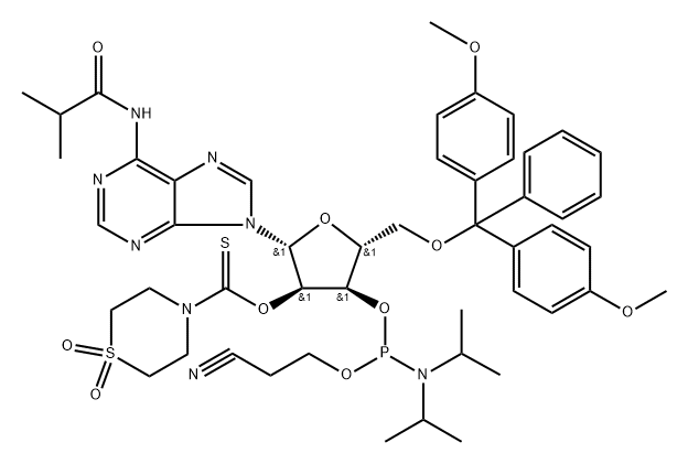 Adenosine, 5'-O-[bis(4-methoxyphenyl)phenylmethyl]-N-(2-methyl-1-oxopropyl)-, 3'-[2-cyanoethyl N,N-bis(1-methylethyl)phosphoramidite] 2'-(1,1-dioxido-4-thiomorpholinecarbothioate) 구조식 이미지
