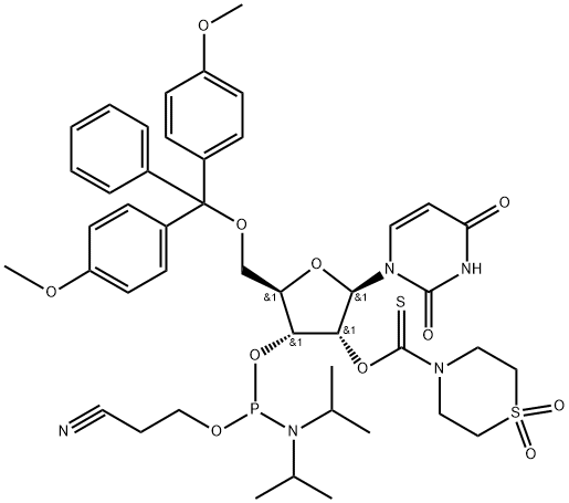 O5′-(4,4′-dimethoxytrityl)-O2′-(1,1-dioxothiomorpholine-4-thiocarbonyl)uridine O3′-(O-(2-cyanoethyl)-N,N-diisopropylphosphoramidite) Structure