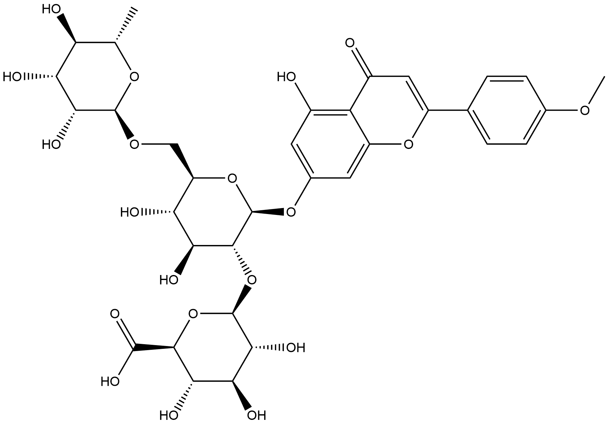 4H-1-Benzopyran-4-one, 7-[(O-6-deoxy-α-L-mannopyranosyl-(1→6)-O-[β-D-glucopyranuronosyl-(1→2)]-β-D-glucopyranosyl)oxy]-5-hydroxy-2-(4-methoxyphenyl)- Structure