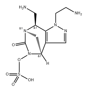 rel-(4R,7R,8S)-1-(2-Aminoethyl)-8-(aminom ethyl)-4,8-dihydro-6-oxo-1H-4,7-methanop yrazolo[3,4-e][1,3]diazepin-5(6H)-yl hydrogen sulfate 구조식 이미지