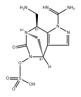 rel-(4R,7R,8S)-1-(Aminoiminomethyl)-8- (aminomethyl)-4,8-dihydro-6-oxo-1H-4,7- methanopyrazolo[3,4-e][1,3]diazepin-5(6H)-yl hydrogen sulfate Structure