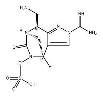 rel-(4R,7R,8S)-2-(Aminoiminomethyl)-8- (aminomethyl)-2,8-dihydro-6-oxo-4H-4,7- methanopyrazolo[3,4-e][1,3]diazepin-5(6H)-yl hydrogen sulfate 구조식 이미지