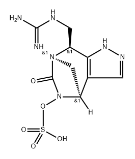rel-(4R,7R,8S)-8-[[(Aminoiminomethyl)amino] methyl]-4,8-dihydro-6-oxo-1H-4,7-methanop yrazolo[3,4-e][1,3]diazepin-5(6H)-yl hydrogen sulfate Structure