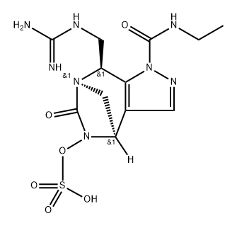 (4R,7R,8S)-8-[[(Aminoiminomethyl)amino] methyl]-1-[(ethylamino)carbonyl]-4,8-dihydro6-oxo-1H-4,7-methanopyrazolo[3,4-e][1,3] diazepin-5(6H)-yl hydrogen sulfate Structure