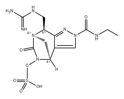 rel-(4R,7R,8S)-8-[[(Aminoiminomethyl)amino] methyl]-2-[(ethylamino)carbonyl]-2,8-dihydro6-oxo-4H-4,7-methanopyrazolo[3,4-e][1,3] diazepin-5(6H)-yl hydrogen sulfate Structure