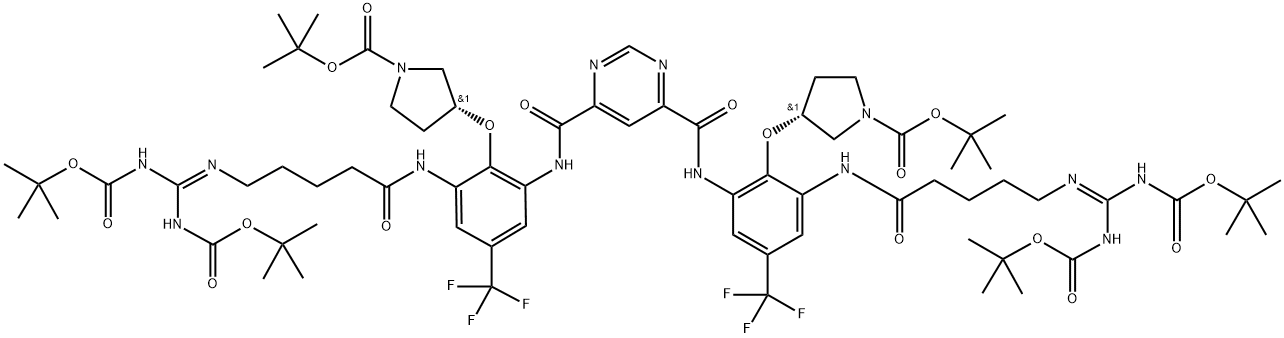 1-?Pyrrolidinecarboxyli?c acid, 3,?3'-?[4,?6-?pyrimidinediylbis[ca?rbonylimino[6-?[[5-?[[bis[[(1,?1-?dimethylethoxy)?carbonyl]?amino]?methylene]?amino]?-?1-?oxopentyl]?amino]?-?4-?(trifluoromethyl)?-?2,?1-?phenylene]?oxy]?]?bis-?, 1,?1'-?bis(1,?1-?dimethylethyl) ester, (3R,?3'R)?- Structure