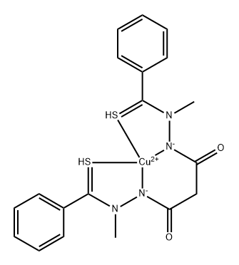 Copper, [[propanedioic acid 1,3-bis[2-methyl-2-[phenyl(thioxo-κS)methyl]hydrazidato-κN1]](2-)]-, (SP-4-2)- Structure