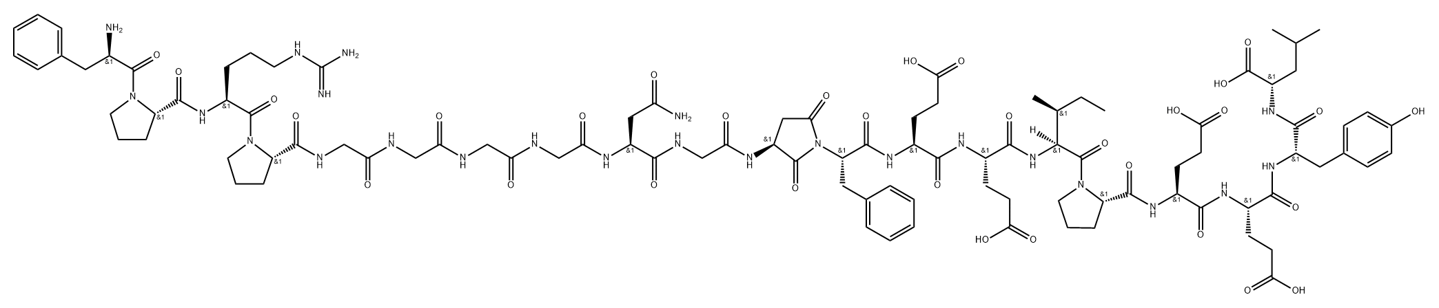 L-Leucine, D-phenylalanyl-L-prolyl-L-arginyl-L-prolylglycylglycylglycylglycyl-L-asparaginylglycyl-(αS,3S)-3-amino-2,5-dioxo-α-(phenylmethyl)-1-pyrrolidineacetyl-L-α-glutamyl-L-α-glutamyl-L-isoleucyl-L-prolyl-L-α-glutamyl-L-α-glutamyl-L-tyrosyl- Structure