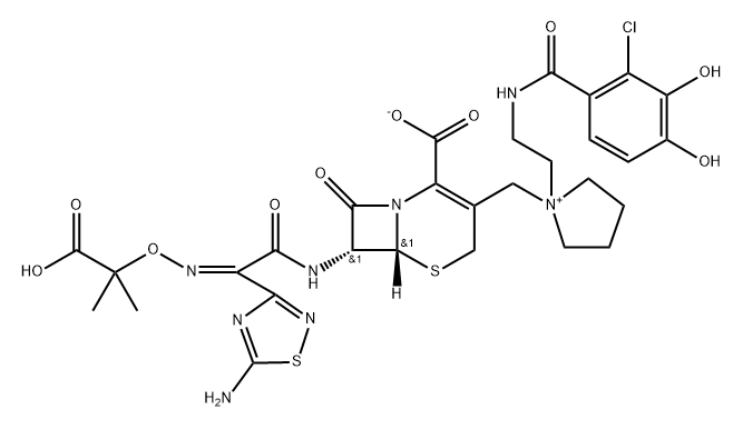 1-[[(6R,7R)-7-[[(2Z)-2-(5-Amino-1,2,4-thiadiazol-3-yl)-2-[(1-carboxy-1-methylethoxy)imino]acetyl]amino]-2-carboxy-8-oxo-5-thia-1-azabicyclo[4.2.0]oct-2-en-3-yl]methyl]-1-[2-[(2-chloro-3,4-dihydroxyben Structure