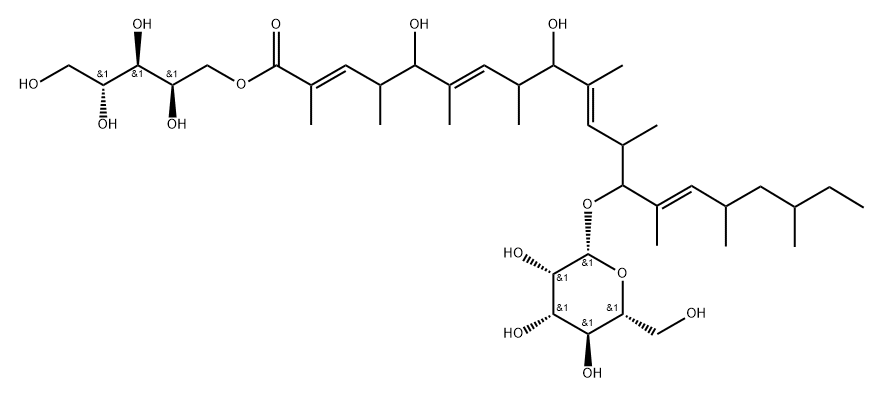 D-Arabinitol, 1-[(2E,6E,10E,14E)-5,9-dihydroxy-13-(β-D-mannopyranosyloxy)-2,4,6,8,10,12,14,16,18-nonamethyl-2,6,10,14-eicosatetraenoate] 구조식 이미지