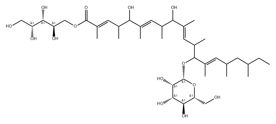 D-Arabinitol, 5-[(2E,6E,10E,14E)-5,9-dihydroxy-13-(β-D-mannopyranosyloxy)-2,4,6,8,10,12,14,16,18-nonamethyl-2,6,10,14-eicosatetraenoate] 구조식 이미지