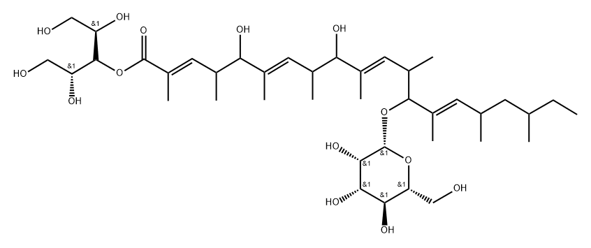 D-Arabinitol, 3-[(2E,6E,10E,14E)-5,9-dihydroxy-13-(β-D-mannopyranosyloxy)-2,4,6,8,10,12,14,16,18-nonamethyl-2,6,10,14-eicosatetraenoate] 구조식 이미지