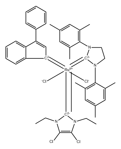 1,3-Bis(2,4,6-triMethylphenyl)-2-iMidazolidinylidene)(3-phenyl-1H-inden-1-ylidene)(4,5-dichloro-1,3-diethyl-1,3-dihydro-2H-iMidazol-2-ylidene)rutheniuM(II) chloride 구조식 이미지