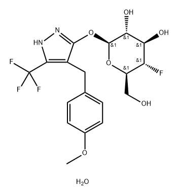 β-D-Glucopyranoside, 4-[(4-methoxyphenyl)methyl]-5-(trifluoromethyl)-1H-pyrazol-3-yl 4-deoxy-4-fluoro-, hydrate (1:1) Structure