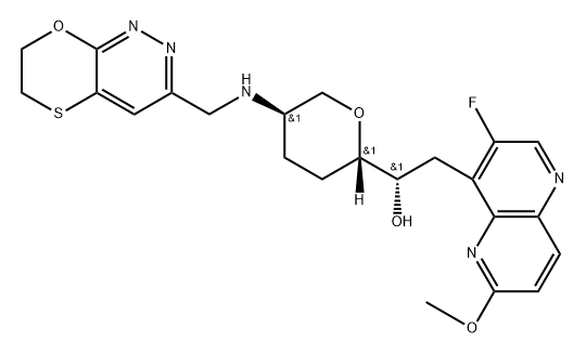 L-arabino-Heptitol, 3,7-anhydro-1,4,5,6-tetradeoxy-6-[[(6,7-dihydro[1,4]oxathiino[2,3-c]pyridazin-3-yl)methyl]amino]-1-(3-fluoro-6-methoxy-1,5-naphthyridin-4-yl)- Structure