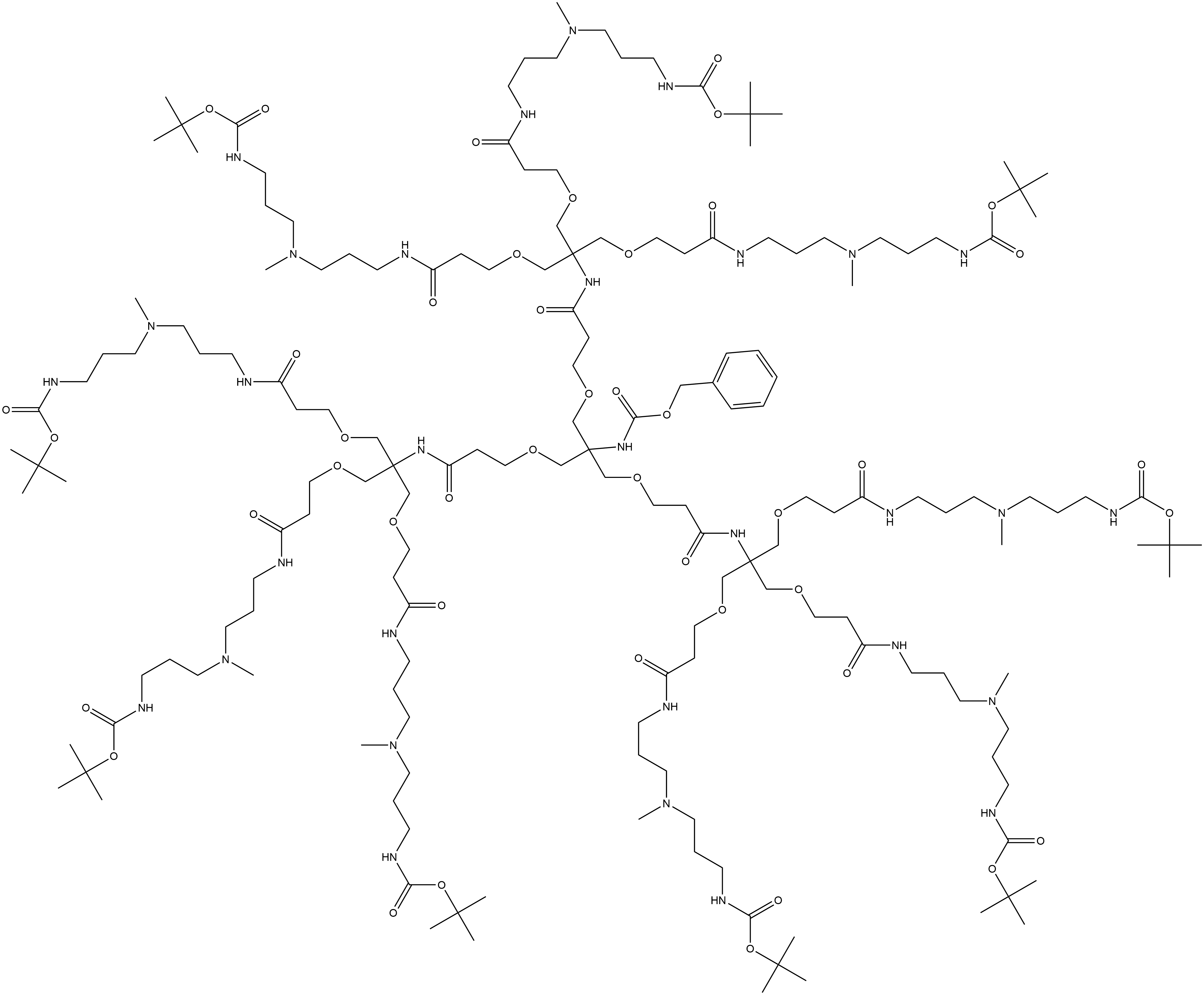 1,45-Bis(1,1-dimethylethyl) 6,40-dimethyl-11,18,28,35-tetraoxo-23-[[(phenylmethoxy)carbonyl]amino]-16,16,30,30-tetrakis(10,17,17-trimethyl-5,15-dioxo-2,16-dioxa-6,10,14-triazaoctadec-1-yl)-23-[17,24,24-trimethyl-5,12,22-trioxo-7,7-bis(10,17,17-trimethyl-5,15-dioxo-2,16-dioxa-6,10,14-triazaoctadec-1-yl)-2,9,23-trioxa-6,13,17,21-tetraazapentacos-1-yl]-14,21,25,32-tetraoxa-2,6,10,17,29,36,40,44-octaazapentatetracontanedioate Structure