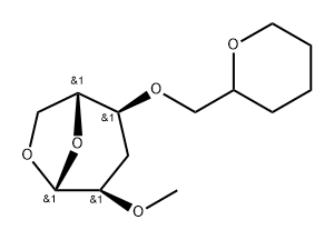 .beta.-D-ribo-Hexopyranose, 1,6-anhydro-3-deoxy-2-O-methyl-4-O-(tetrahydro-2H-pyran-2-yl)methyl- 구조식 이미지