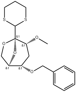 .beta.-D-ribo-Heptos-2-ulo-2,6-pyranose, 2,7-anhydro-4-deoxy-3-O-methyl-5-O-(phenylmethyl)-, cyclic 1,3-propanediyl dithioacetal 구조식 이미지