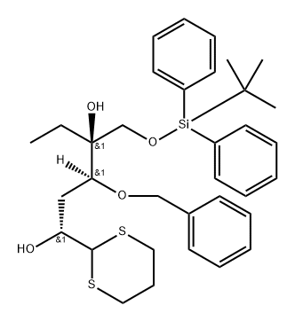 L-lyxo-Hexose, 3-deoxy-6-O-(1,1-dimethylethyl)diphenylsilyl-5-C-ethyl-4-O-(phenylmethyl)-, cyclic 1,3-propanediyl dithioacetal Structure