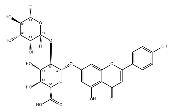 β-D-Galactopyranosiduronic acid, 5-hydroxy-2-(4-hydroxyphenyl)-4-oxo-4H-1-benzopyran-7-yl 2-O-(6-deoxy-α-L-mannopyranosyl)- 구조식 이미지