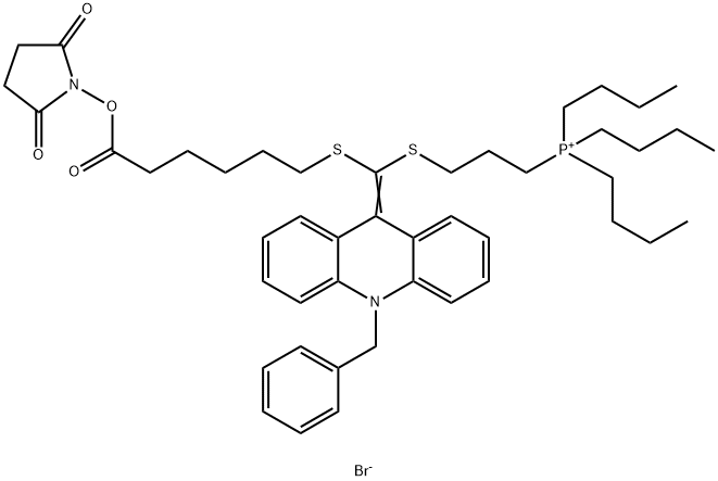 Phosphonium, tributyl[3-[[[[6-[(2,5-dioxo-1-pyrrolidinyl)oxy]-6-oxohexyl]thio][10-(phenylmethyl)-9(10H)-acridinylidene]methyl]thio]propyl]-, bromide (1:1) Structure