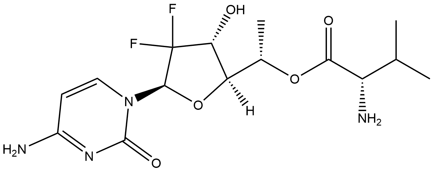 2'-deoxy-2',2'-difluoro-5'(S)-C-methyl-5'-O-(L-valinyl)cytidine 구조식 이미지