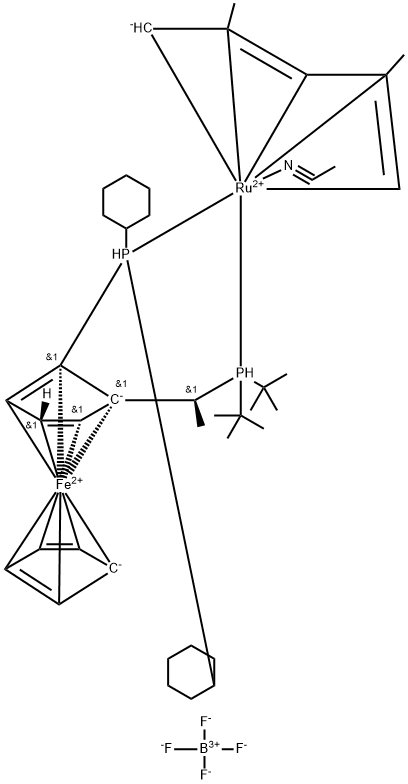 [(S)-1-[(S)-2-Dicyclohexylphosphino)ferrocenyl]-ethyldi- tert -butylphosphino](η 5 -2,4-dimethylpentadienyl)(N-acetonitrile)ruthenium(II)] tetrafluoroborate 구조식 이미지