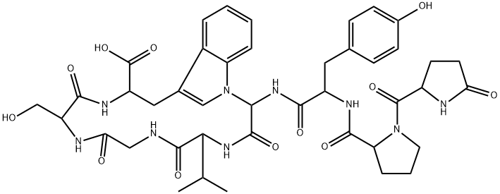 L-Tryptophan, L-valylglycyl-L-seryl-1-[(R)-carboxy[(5-oxo-L-prolyl-L-prolyl-L-tyrosyl)amino]methyl]-, (41→1)-lactam Structure