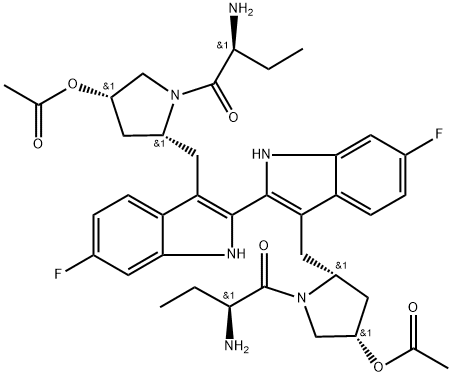 1-?Butanone, 1,?1'-?[(6,?6'-?difluoro[2,?2'-?bi-?1H-?indole]?-?3,?3'-?diyl)?bis[methylene[(2R,?4S)?-?4-?(acetyloxy)?-?2,?1-?pyrrolidinediyl]?]?]?bis[2-?amino-?, (2S,?2'S)?- Structure