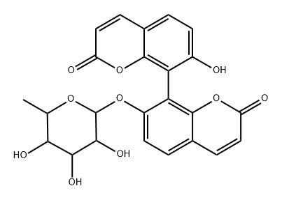 [8,8'-Bi-2H-1-benzopyran]-2,2'-dione, 7-[(6-deoxy-α-L-mannopyranosyl)oxy]-7'-hydroxy-, (8R)- 구조식 이미지