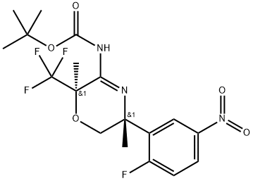 tert-Butyl ((2R,5R)-5-(2-fluoro-5-nitrophenyl)-2,5-dimethyl-2-(trifluoromethyl)-5,6-dihydro-2H-1,4-oxazin-3-yl)carbamate Structure