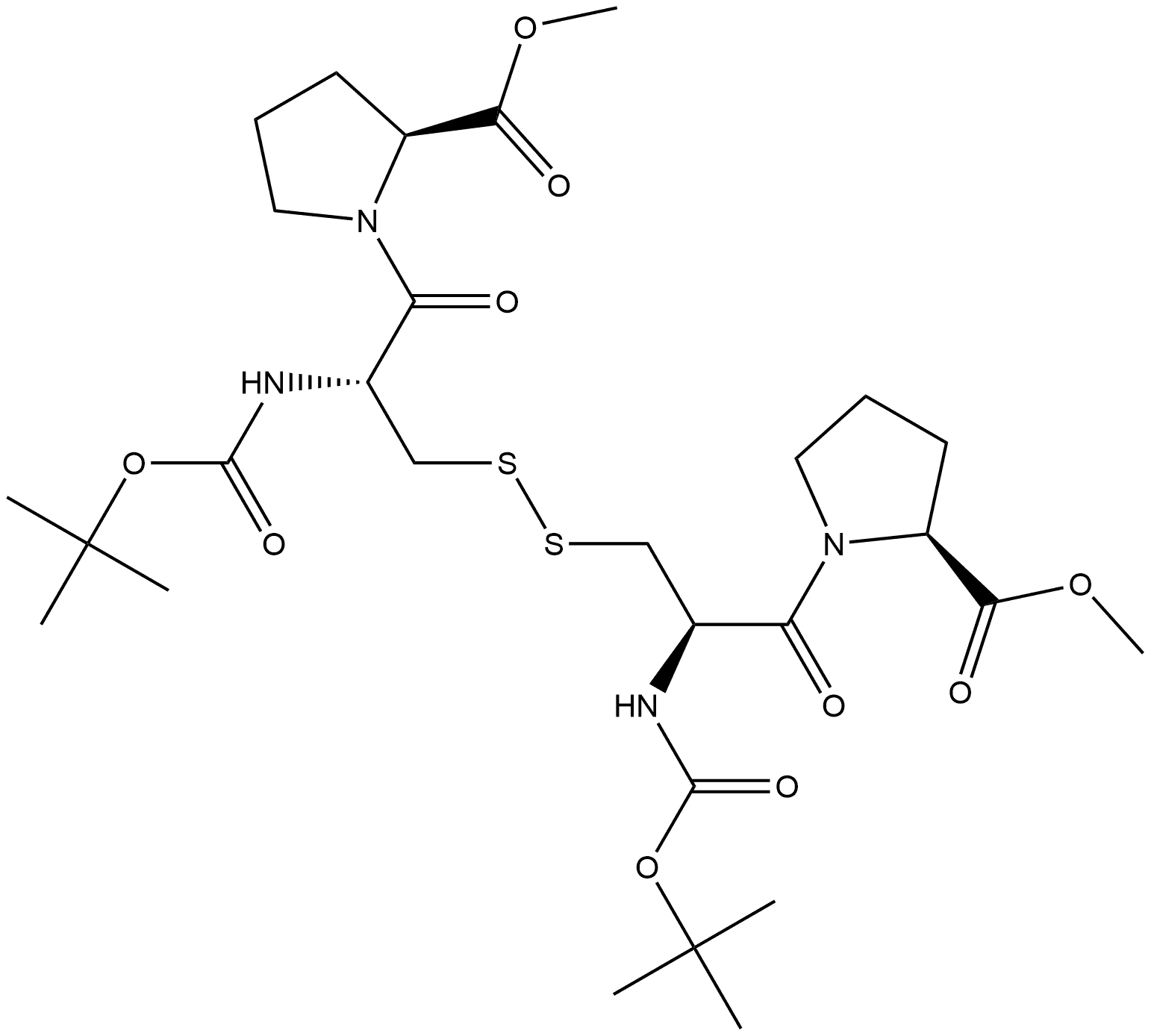 L-Proline, N-[(1,1-dimethylethoxy)carbonyl]-L-cysteinyl-, methyl ester, bimol. (1→1')-disulfide Structure