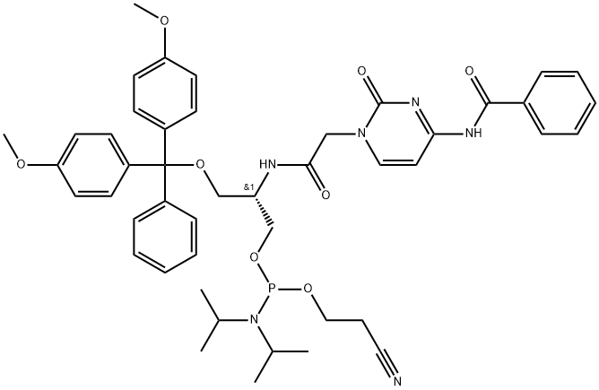 Phosphoramidous acid, N,N-bis(1-methylethyl)-, (2S)-2-[[2-[4-(benzoylamino)-2-oxo-1(2H)-pyrimidinyl]acetyl]amino]-3-[bis(4-methoxyphenyl)phenylmethoxy]propyl 2-cyanoethyl ester Structure