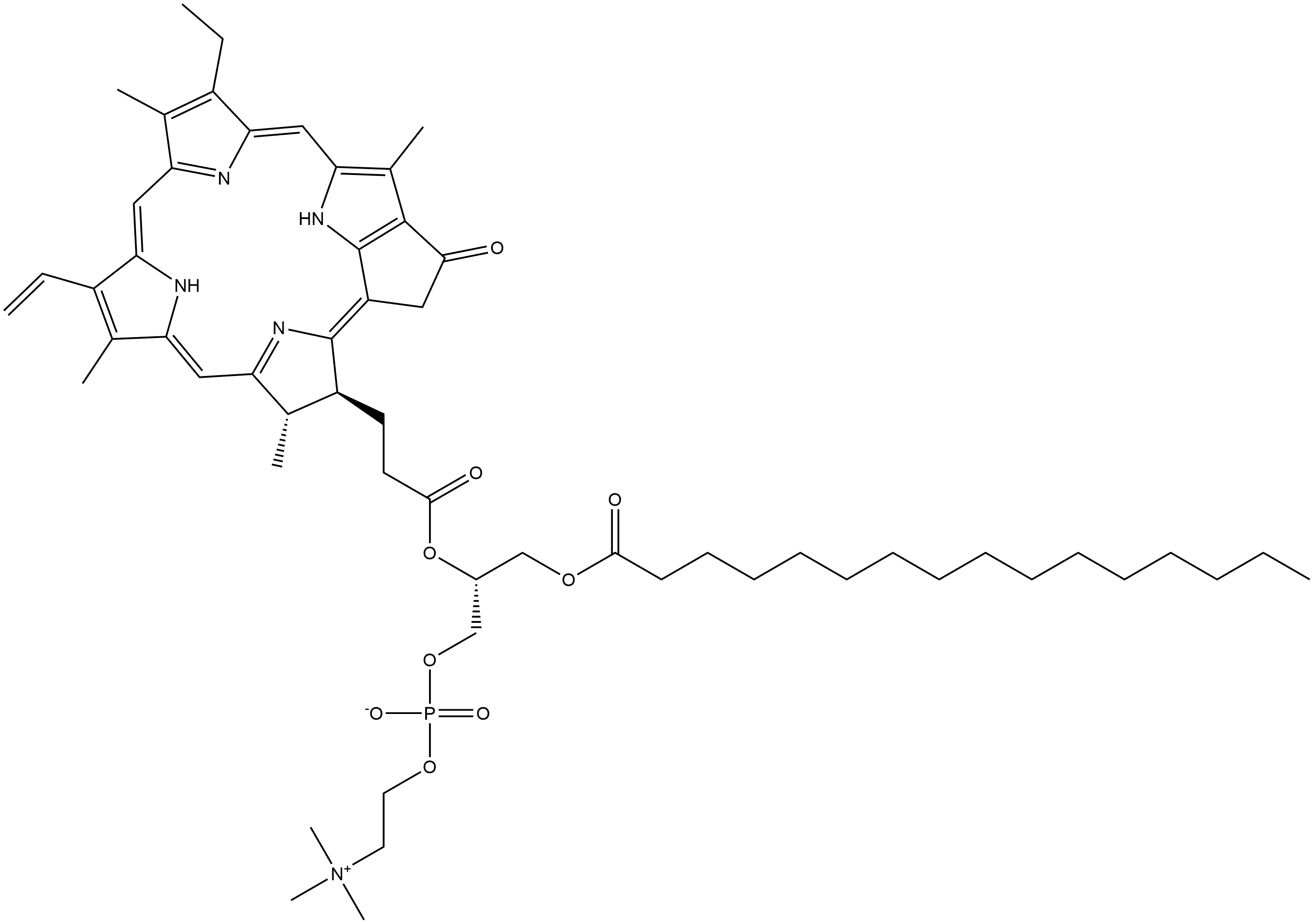 3,5,9-Trioxa-4-phosphapentacosan-1-aminium, 7-[3-[(3S,4S)-9-ethenyl-14-ethyl-4,8,13,18-tetramethyl-20-oxo-3-phorbinyl]-1-oxopropoxy]-4-hydroxy-N,N,N-trimethyl-10-oxo-, inner salt, 4-oxide, (7R)- 구조식 이미지