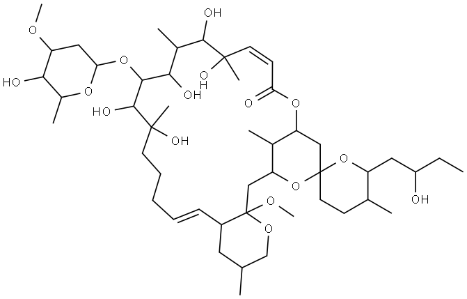 Spiro[21,25-methano-2H,19H,23H-pyrano[2,3-h][1,5]dioxacyclotetracosin-23,2′-[2H]pyran]-19-one, 12-[(2,6-dideoxy-3-O-methyl-β-D-ribo-hexopyranosyl)oxy]-3,3′,4,4′,4a,5′,6′,7,8,9,10,11,12,13,14,15,16,21,22,25,26,26a-docosahydro-10,11,13,15,16-pentahydroxy-6′-[(2R)-2-hydroxybutyl]-26a-methoxy-3,5′,10,14,16,27-hexamethyl-, (3S,4aS,5E,5′S,6′S,10R,11R,12S,13R,14R,15S,16R,17E,21S,23R,25S,26aS,27R)- Structure