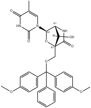 2,?4(1H,?3H)?-?Pyrimidinedione, 1-?[(1R,?3R,?4R,?7S)?-?1-?[[bis(4-?methoxyphenyl)?phenylmethoxy]?methyl]?-?7-?hydroxy-?6-?oxo-?2-?oxa-?5-?azabicyclo[2.2.1]?hept-?3-?yl]?-?5-?methyl- Structure