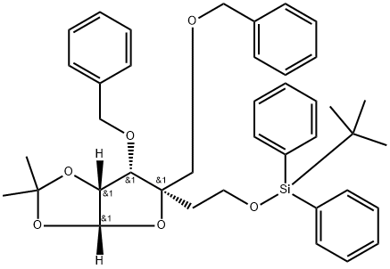 β-?L-?lyxo-?Hexofuranose, 5-?deoxy-?6-?O-?[(1,?1-?dimethylethyl)?diphenylsilyl]?-?1,?2-?O-?(1-?methylethylidene)?-?4-?C-?[(phenylmethoxy)?methyl]?-?3-?O-?(phenylmethyl)?- Structure