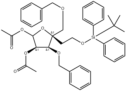 L-?lyxo-?Hexofuranose, 5-?deoxy-?6-?O-?[(1,?1-?dimethylethyl)?diphenylsilyl]?-?4-?C-?[(phenylmethoxy)?methyl]?-?3-?O-?(phenylmethyl)?-?, 1,?2-?diacetate Structure