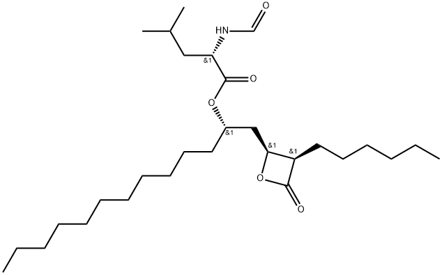 L-Leucine, N-formyl-, 1-[(3-hexyl-4-oxo-2-oxetanyl)methyl]dodecyl ester, [2S-[2α(R*),3α]]- (9CI) 구조식 이미지