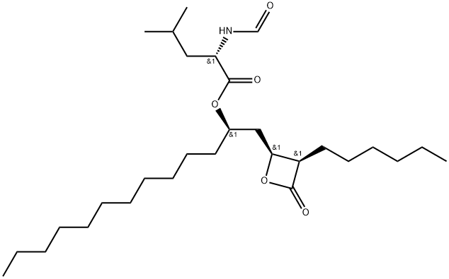 L-Leucine, N-formyl-, 1-[(3-hexyl-4-oxo-2-oxetanyl)methyl]dodecyl ester, [2S-[2α(S*),3α]]- (9CI) 구조식 이미지