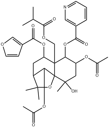 3-Pyridinecarboxylic acid, 7,10-bis(acetyloxy)-5-[(3-furanylcarbonyl)oxy]octahydro-9-hydroxy-2,2,9-trimethyl-5a-[(2-methyl-1-oxopropoxy)methyl]-2H-3,9a-methano-1-benzoxepin-6-yl ester, [3R-(3α,5β,5aα,6α,7α,9β,9aα,10R*)]- (9CI) Structure