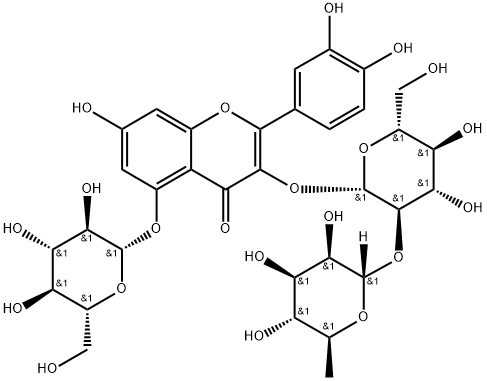 4H-1-Benzopyran-4-one, 3-[[2-O-(6-deoxy-α-L-mannopyranosyl)-β-D-glucopyranosyl]oxy]-2-(3,4-dihydroxyphenyl)-5-(β-D-glucopyranosyloxy)-7-hydroxy- 구조식 이미지