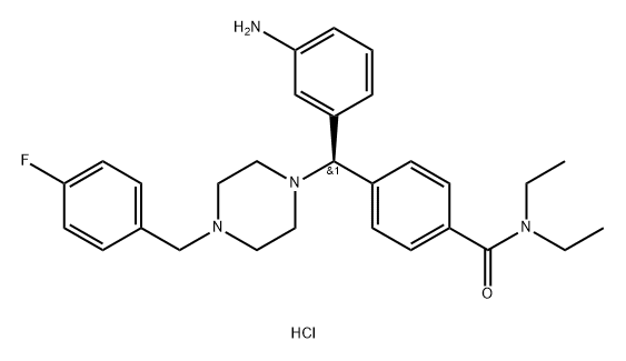 4-[(R)-(3-aminophenyl)({4-[(4-fluorophenyl)methyl] piperazin-1-yl})methyl]-N,N-diethylbenzamide trihydrochloride Structure